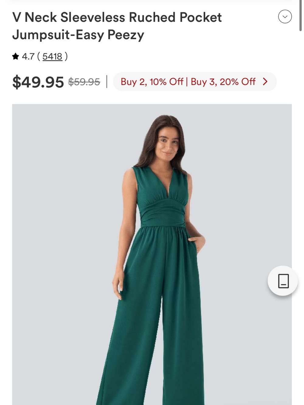 HALARA Teal Green V‑Neck Sleeveless Ruched Pocket Jumpsuit